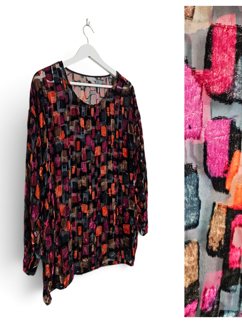 J. Jill Velvet Burnout Tunic Top Sz M Silk Blend Sheer Geometric Boho Multicolor
